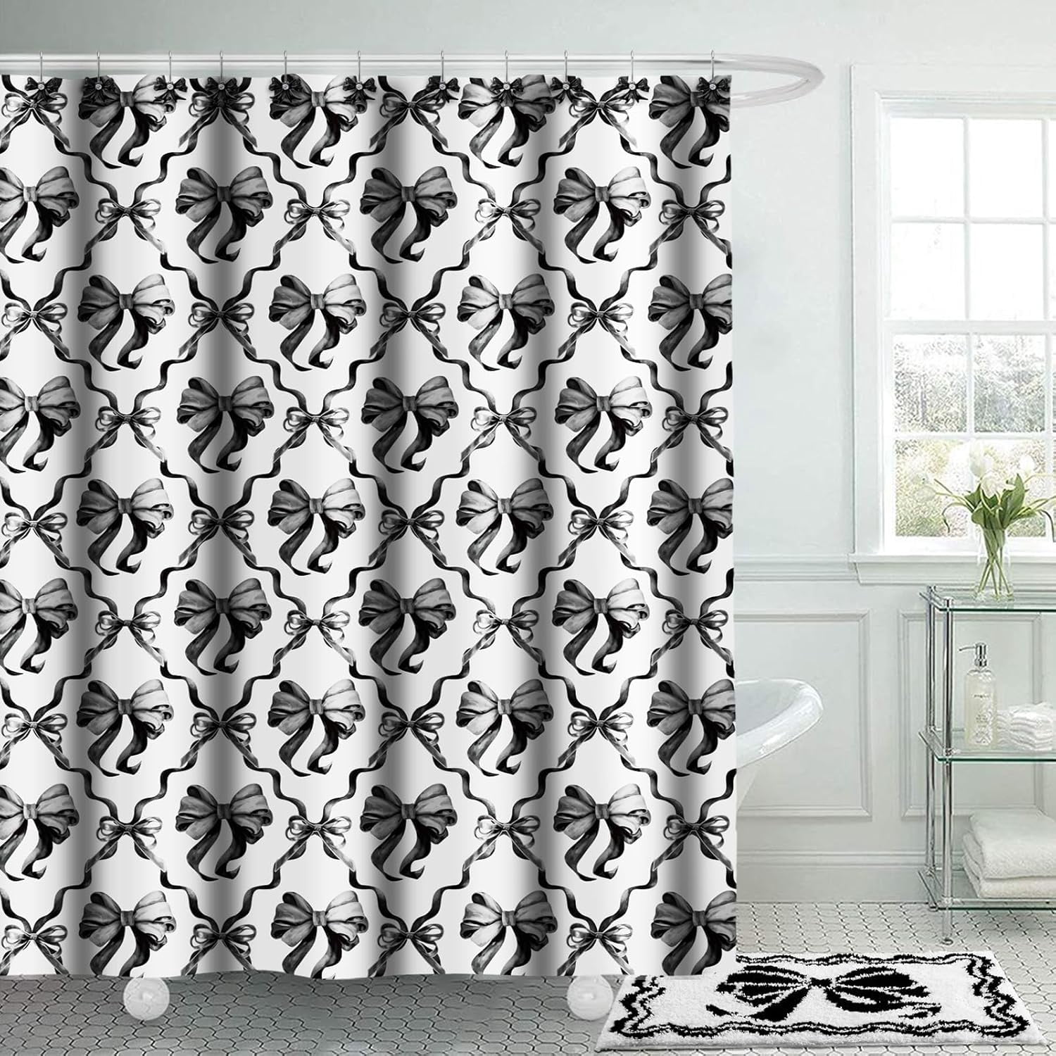 18 Pcs Black Bow Fabric Shower Curtain Set with 12 Decorative Shower Curtain Hooks Black Bow Knot Bathroom Towels Coquette Non Slip Absorbent Microfiber Rug for Modern Aesthetic Bathroom