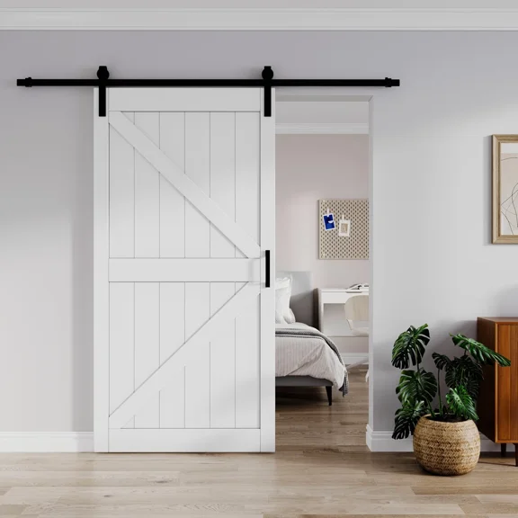 42'' x 84'' Modern K Shape Primed Sliding Barn Door with Installation Hardware Kit (Double Door & Soft Close Optional)