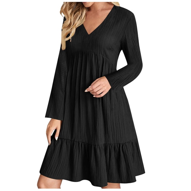 QUYUON Robes d'Invitée de Mariage pour Femmes Liquidation Été Manches Longues Col en V Ample Décontractée Taille Haute Robe en Dentelle Longue Robe Chandail Femme Midi Robe Ornée Style D-14873 Noir TG