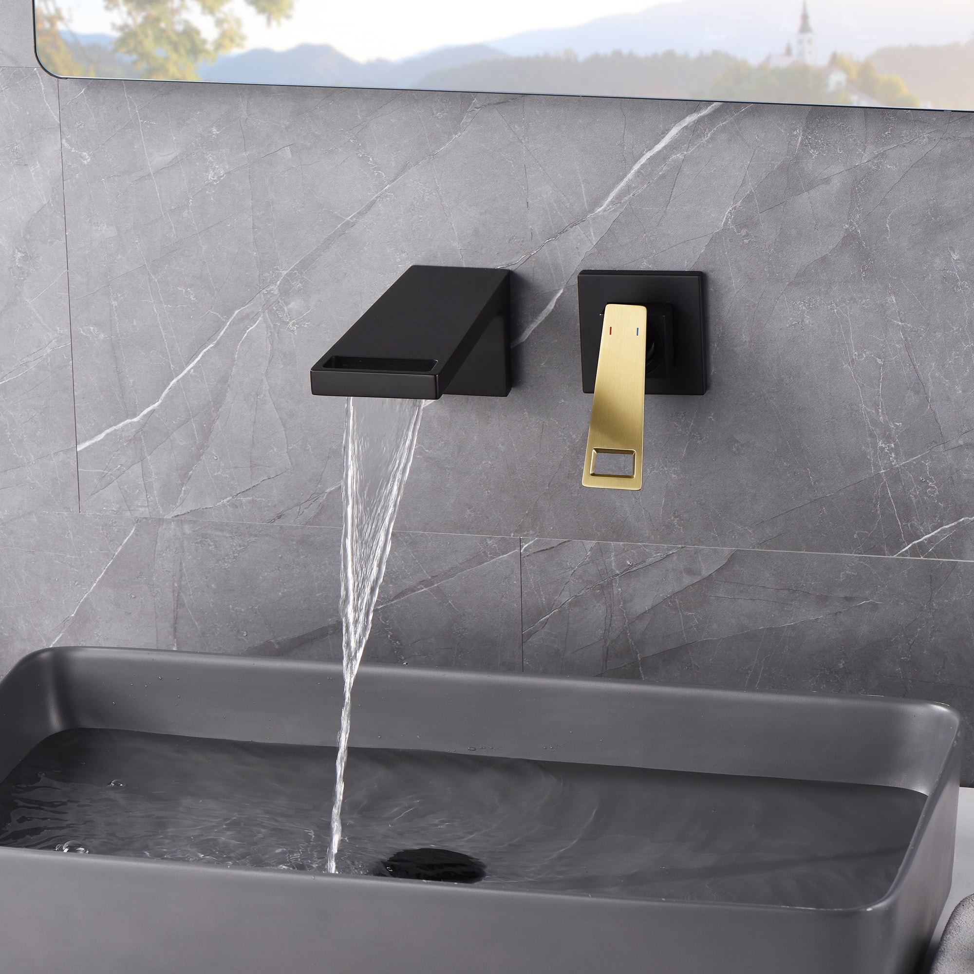 SUMERAIN Wall Mount Bathroom Faucet Single Handle Vessel Sink Faucet with Brass Rough-in Valve, Black and Gold
