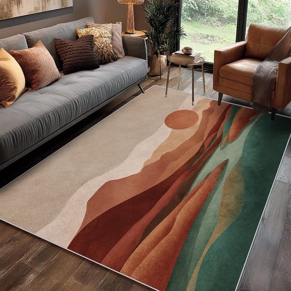 Boho Landscape Area Rugs, Sunset Desert Mountain Carpet, Modern Bohemian Washable Non Slip Low Pile Soft Rug for Bedroom Living Room Decor Mat 2x3ft