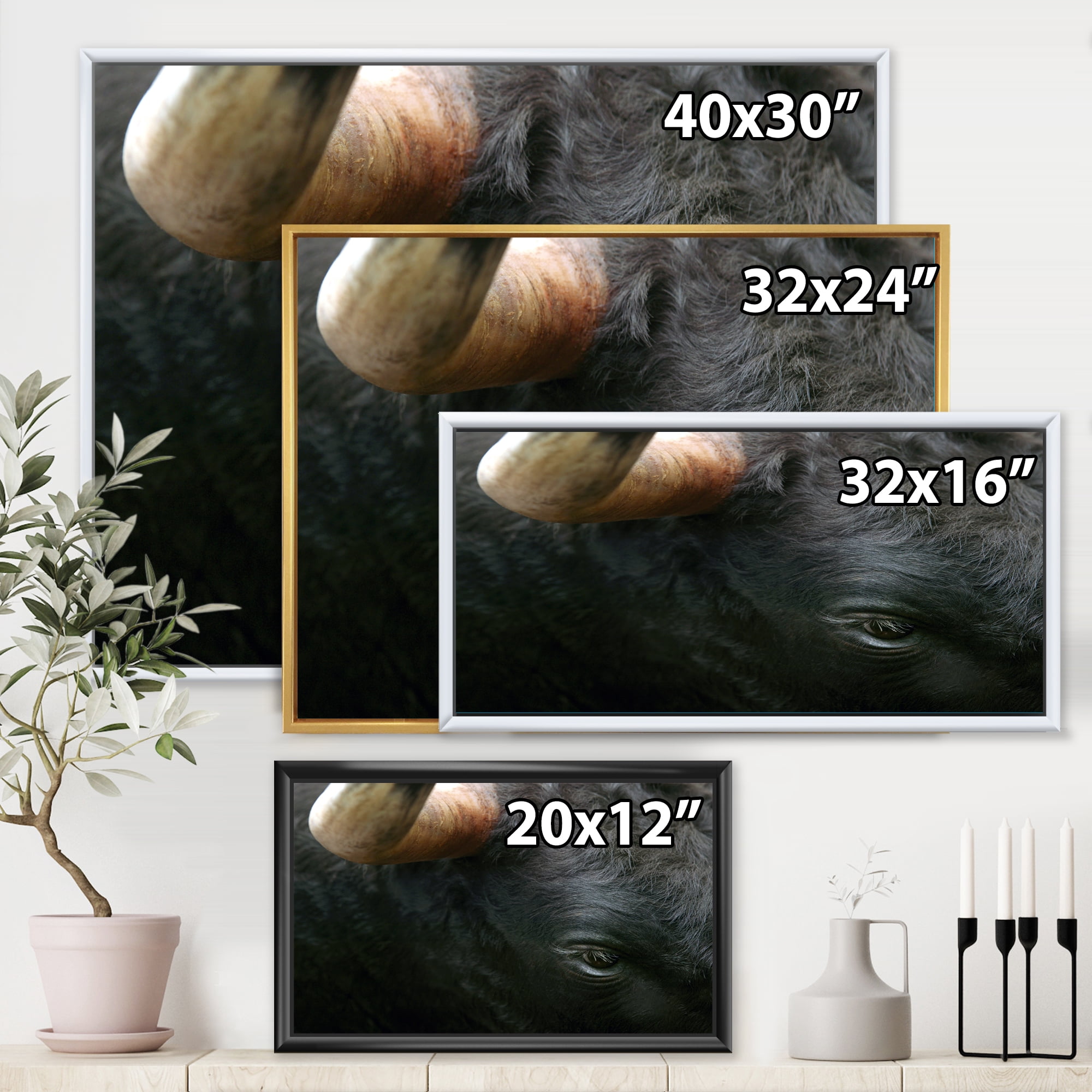 Close-Up Of Eye Fighting Bull Head 32 in x 24 in Framed Photography Canvas Art Print, by Designart