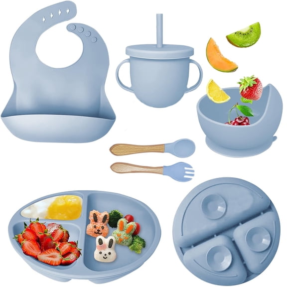 Baby Feeding Set,6 Piece,Baby Led Weaning Supplies with Suction Bowl Divided Plate, Toddler Self Feeding Dish Set with Spoons Forks Sippy Cup Adjustable Bib, Eating Utensils for 6 Months
