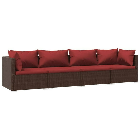 4pc Patio Sectional Sofa Set with 6 Pillows, 4 Cushions, Red Brown