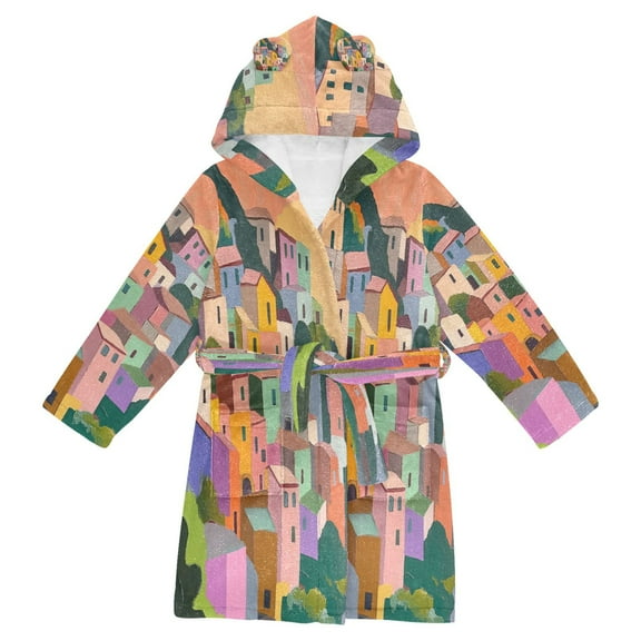 FORMRS Niños Bathrobe Unisex Hooded Robe Soft Plush Pajamas Sleepwear, Size 2-3T, Purple Cityscape Painting