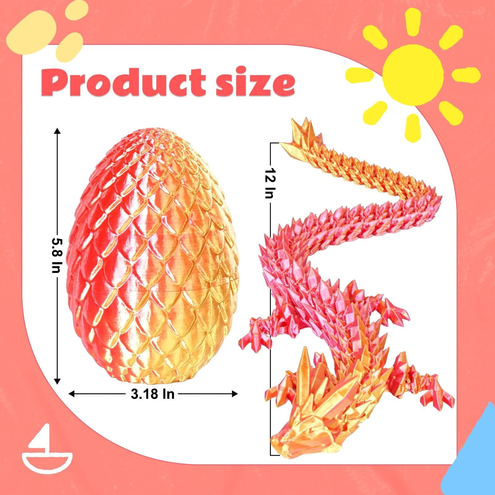 1set 3D Printed Dragon Egg Gift Set (2 Pack, M Size)  Articulated Dragons Inside, Winged + Wingless Design, Surprise For , Red Orange Color, Collectible Fidget For Adults