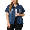 thumbnail image 1 of Chaqueta de mezclilla desgastada de manga corta con botones para mujer Agnes Orinda talla grande azul oscuro 1X, 1 of 5