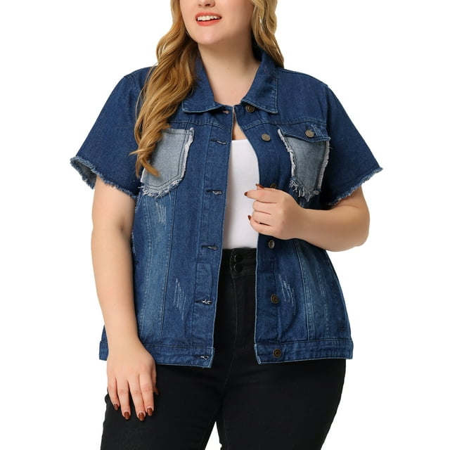 Chaqueta de mezclilla desgastada de manga corta con botones para mujer Agnes Orinda talla grande azul oscuro 1X