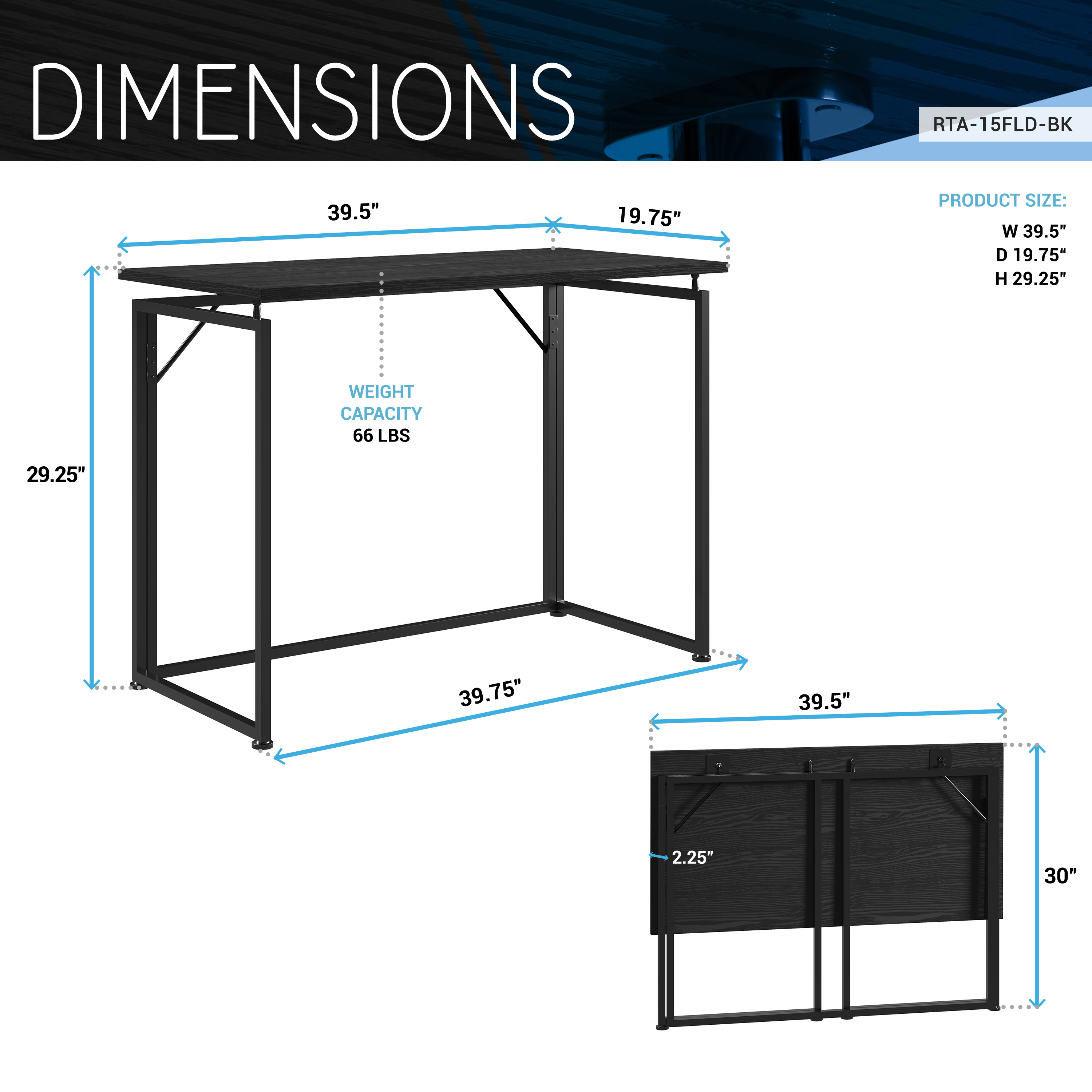 Techni Mobili Space Saving 40" W Folding Computer Desk, Black