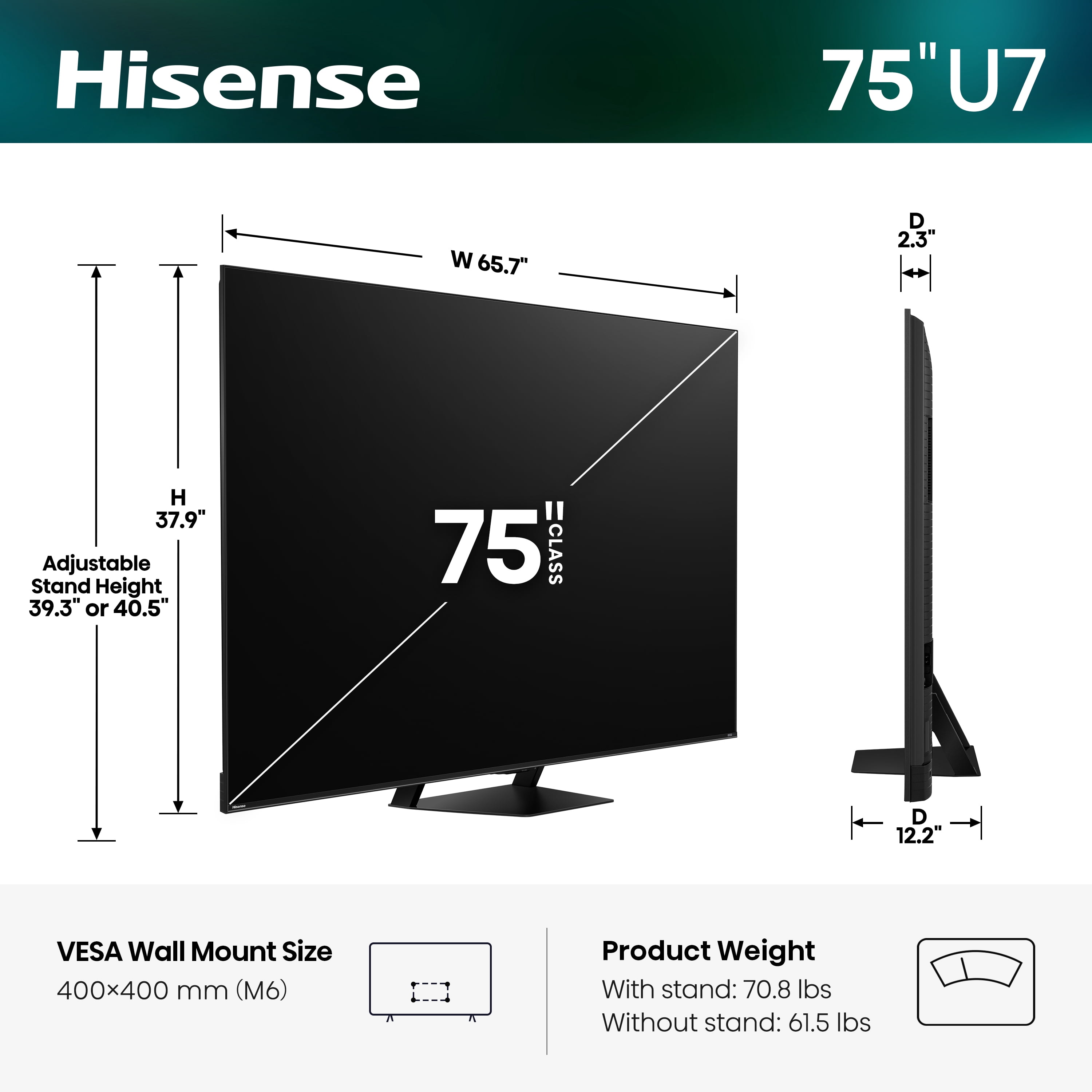Hisense 75" U7 Mini-LED ULED 4K UHD Smart Google TV (75U7SG, 2026 Model) - Hi - QLED MiniLED , Native 165Hz, VRR 330, HDR10+, Dolby Vision, IMAX Enhanced, Anti-Reflection & Glare-Free