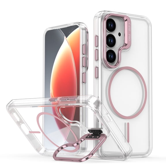 ELEHOLD For Samsung Galaxy A17 5G Magnetic Clear Case, Shockproof Anti-Yellowing Kickstand Wireless Charging Cover,Pink