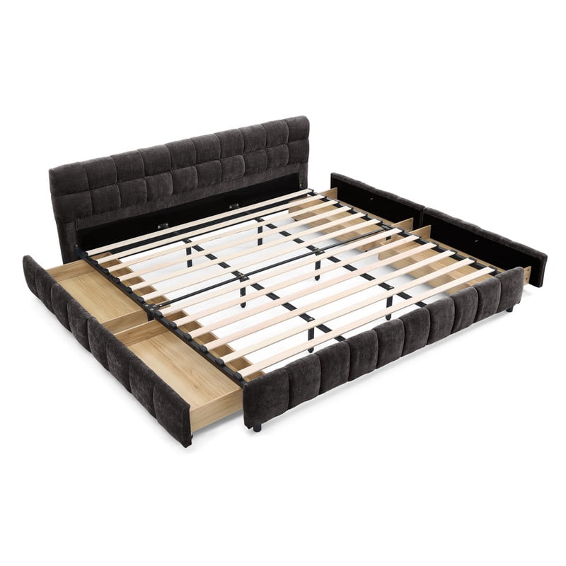 King Size Upholstered Platform Bed with 4 Storage Drawers, Low-Profile Chenille Grounded Bed with Headboard and Solid Frame, No Box Spring Needed