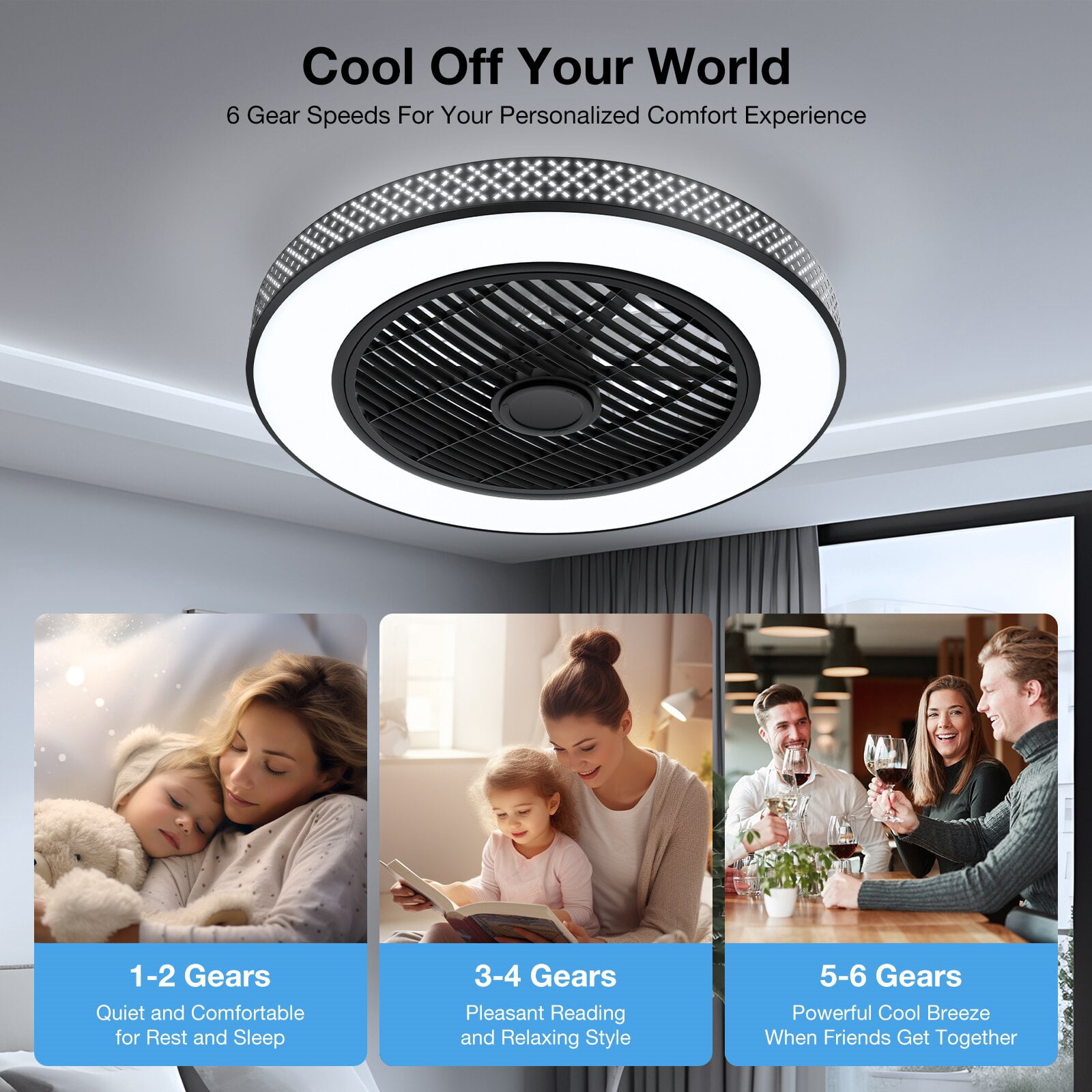 BLITZWILL 18 in Round Ceiling Fans with Lights, Dimmable Color Temperature and 6 Speeds, Remote & APP Control, Flush Mount Bladeless Reversible Motor, Black