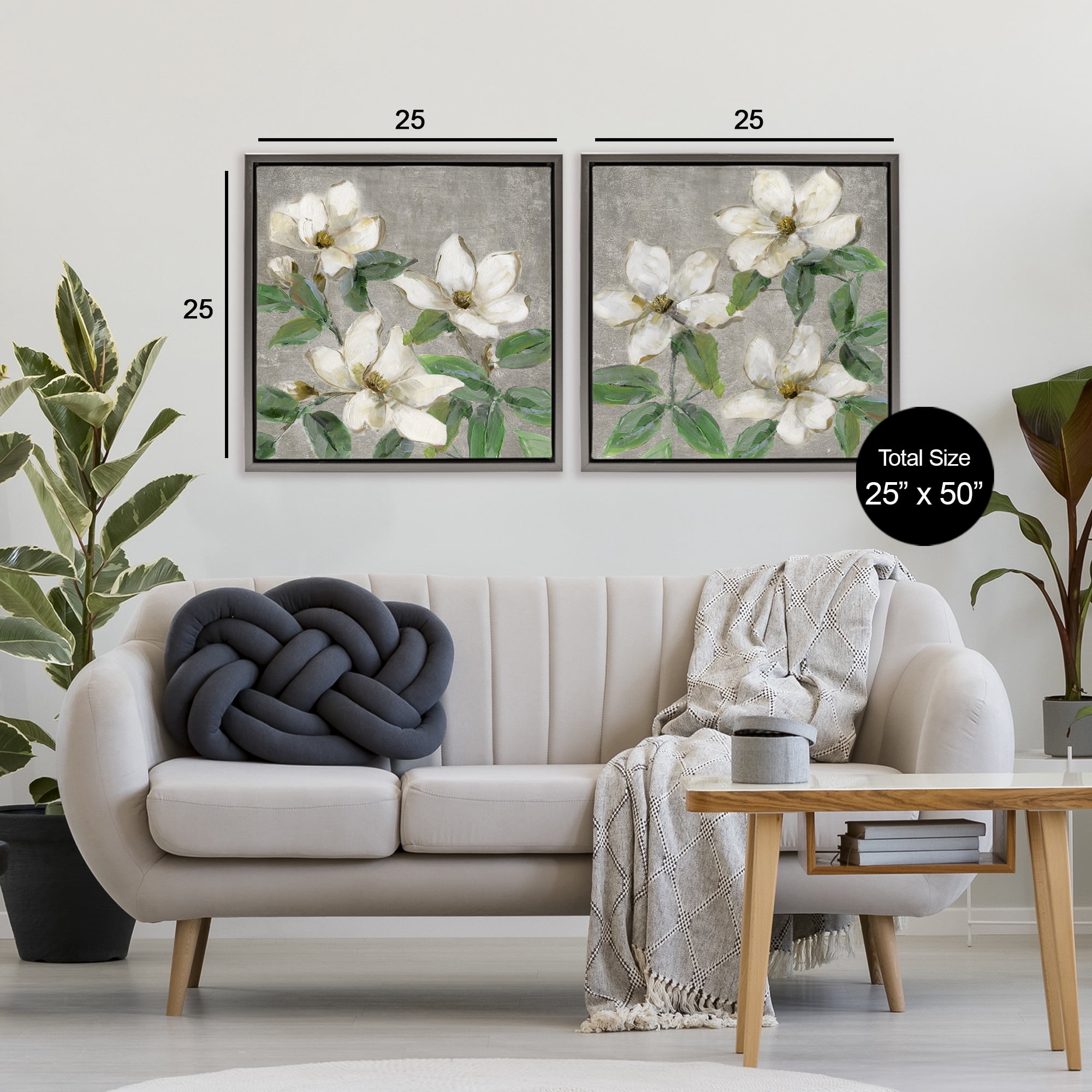 Stupell Industries Blooming Ivory Magnolias 2 Piece Gray Framed Floater Canvas Set, design by Sally Swatland