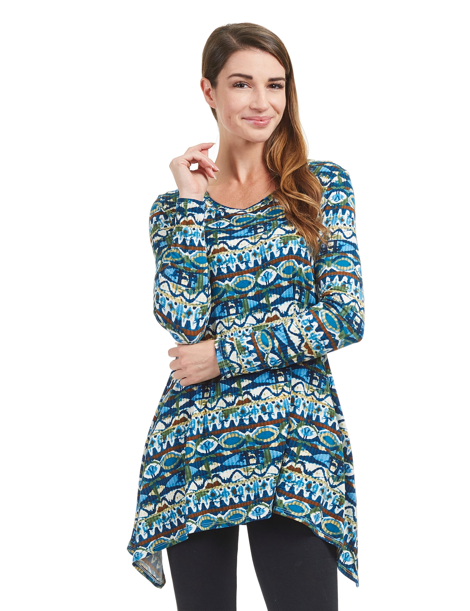 Made by Johnny - WT1345 Womens Print Long Sleeve Trapeze Tunic Top L ...