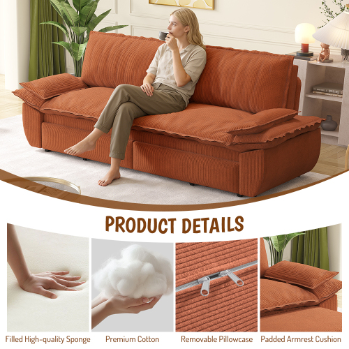 73.2" Queen Pull Out Sofa Bed, 3-in-1 Convertible Sleeper Sofa, Multi-Functional Corduroy Loveseat Couch with Pull-Out Bed, Orange