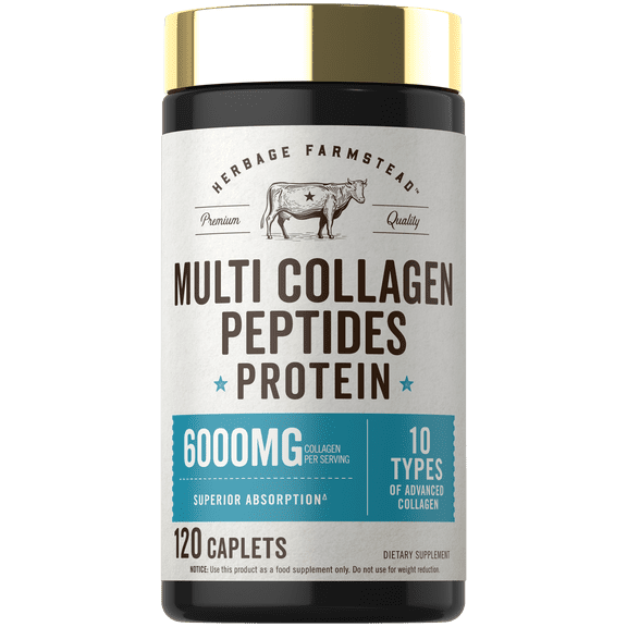 Multi Collagen Peptides 6000mg | 120 Caplets | 10 Types | Non-GMO, Gluten Free | by Herbage Farmstead