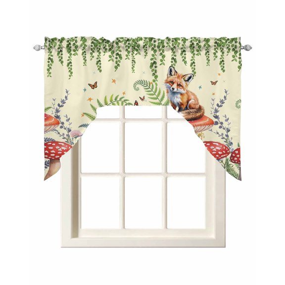 Mushroom Fox Kitchen Swag Valances for Windows, Green Leaf Butterfly Red Retro Plant Swag Valances Curtains for Living Room, Rod Pocket Window Treatments for Bathroom, Bedroom, Cafe, 56"x36"