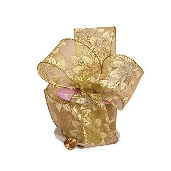 Sheer Poinsettia Holiday Ribbon - Gold And White With Glitter Accents - 2 1/2 Inches Wide X 10 Yards (576838967)