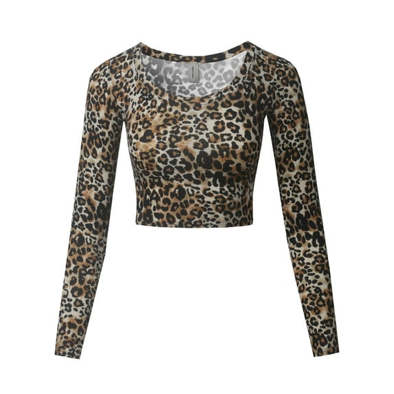 FashionOutfit Women's Made in USA Basic Casual Solid Stretchable Scoop Neck Long Sleeve Crop Top