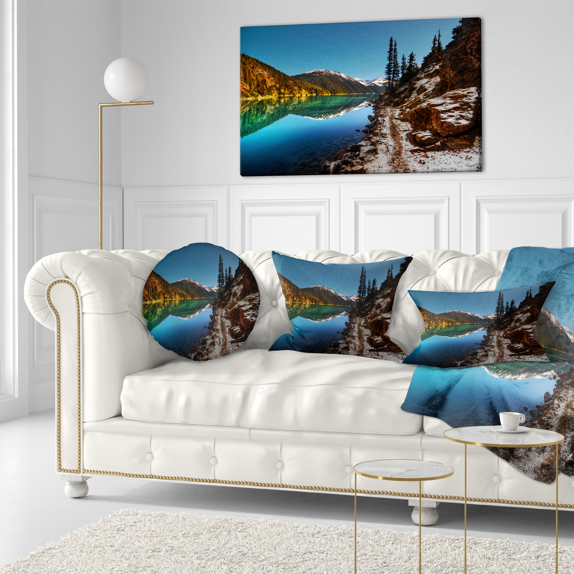 Designart Blue Clear Lake with Mountains - Landscape Printed Throw Pillow - 12x20