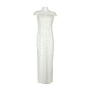Adrianna Papell Off-Shoulder Zipper Back Sequined Beaded Column Mesh Dress-IVORY / 2