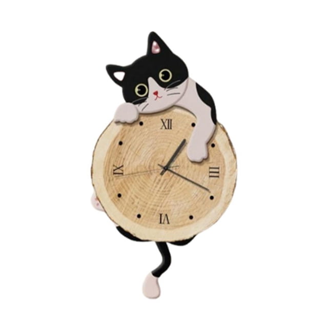 Reloj de pared con diseño de gato, decorativo, bonito adorno de pared, silencioso, para dormitorio infantil. Blanco y negro