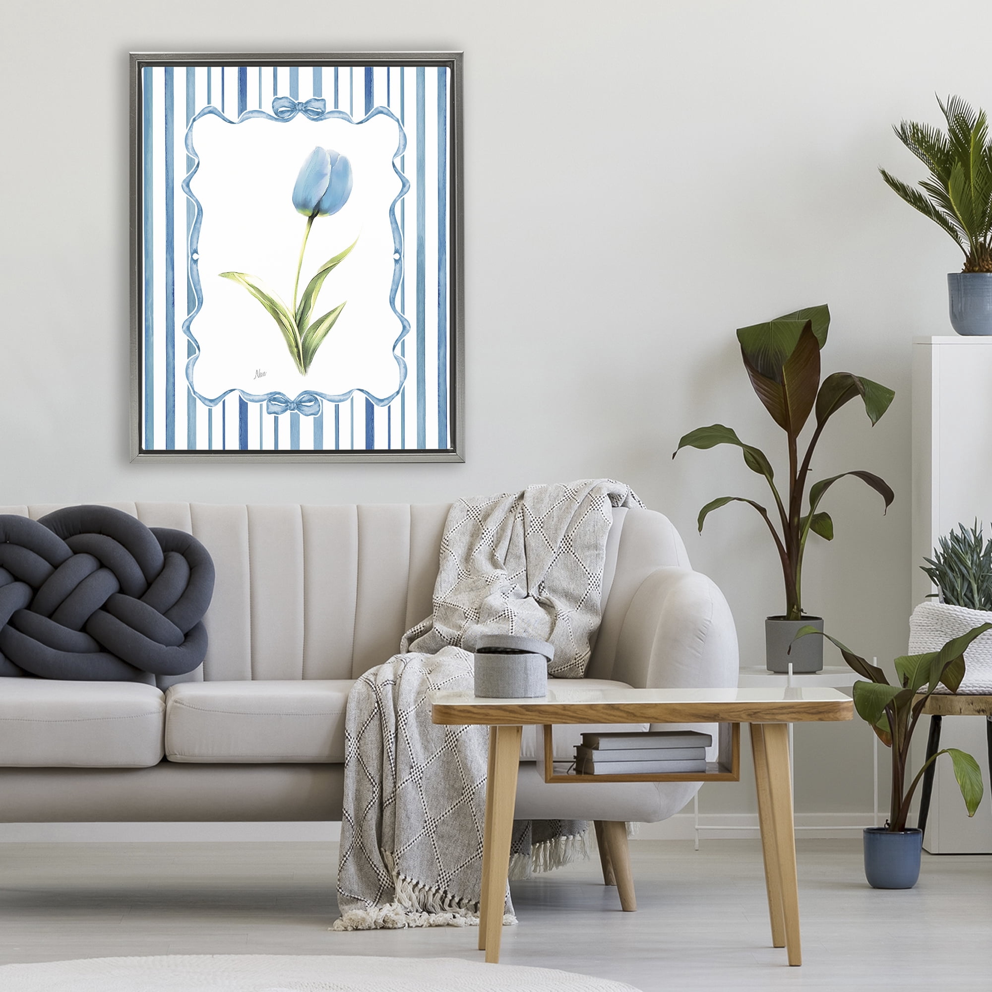 Stupell Industries Blue Tulip & Ribbon Border Gray Framed Floater Canvas Wall Art, design by Nan