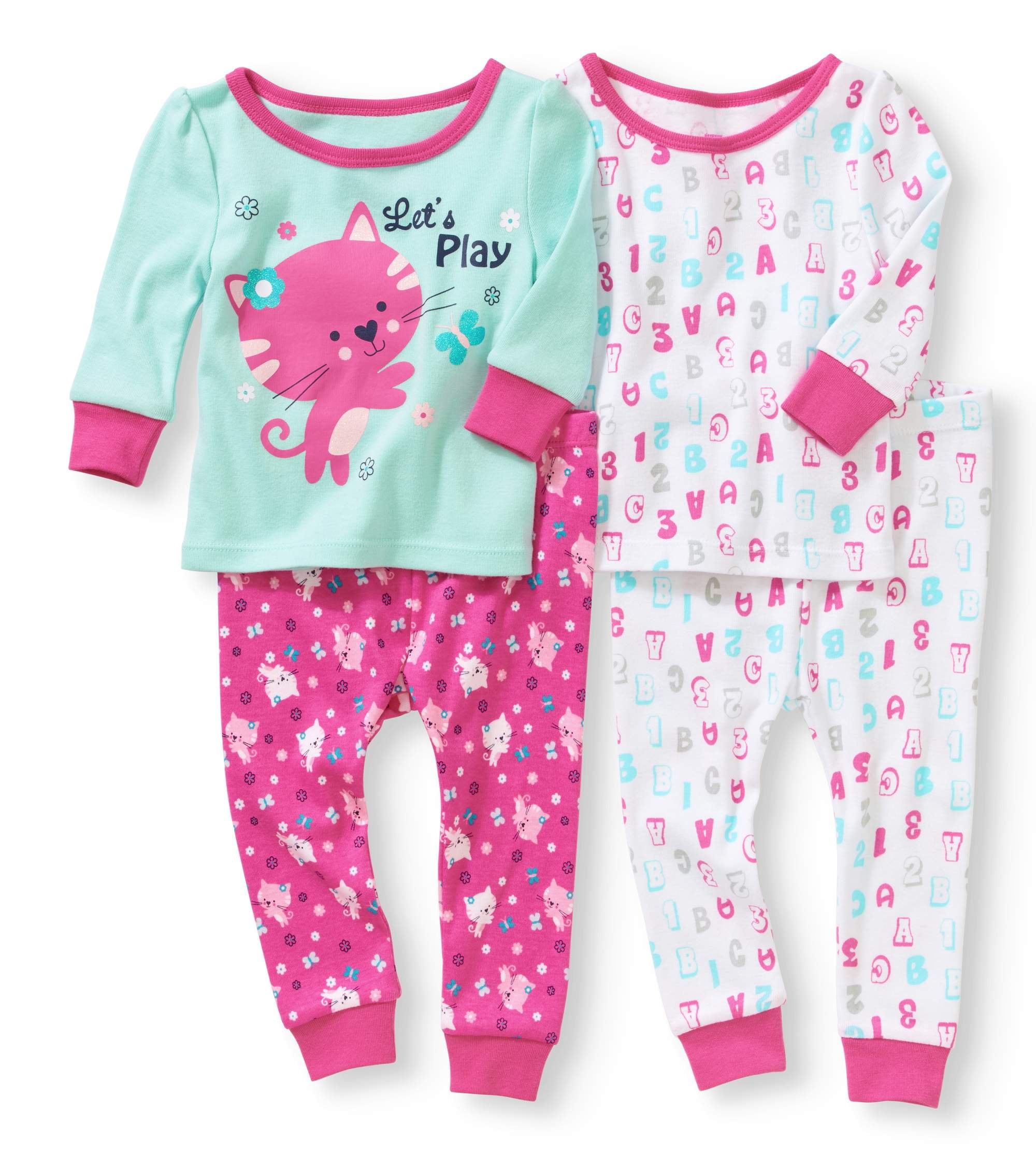 Newborn Baby Girl Cotton Tight Fit Pajamas, 4pc Set
