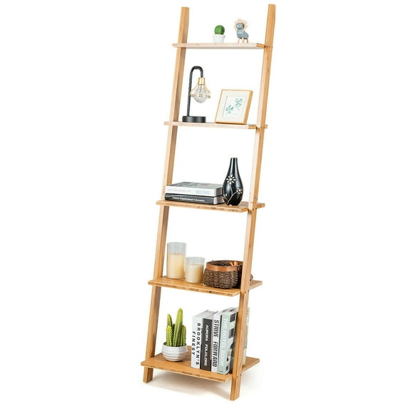 Gymax 5-Tier Ladder Shelf Modern Ladder Bookcase Open Display Bamboo Leaning Bookshelf