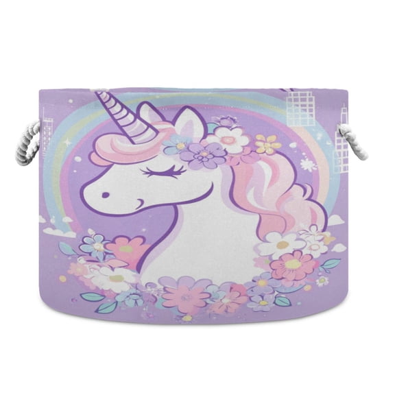 WOBOGO Cute Unicorn Purple Pattern Toy Storage Basket 20×14in Canvas Laundry Hamper for Living Room Kids Room Bathroom Organizer