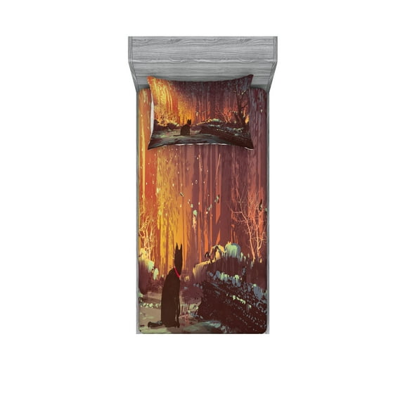 Ambesonne Animal Fitted Sheet & Pillow Sham Set, Dark Cat Mystic Picture, Twin, Orange Brown