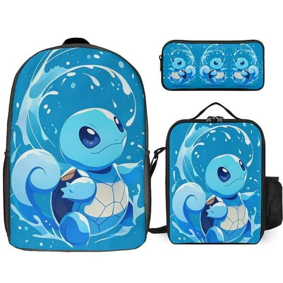 S_quirtle 3Pcs Backpack Set, 17 Inch Large Capacity Unisex Daypack Lightweight Travel Bag with Lunch Box And Pencil Case
