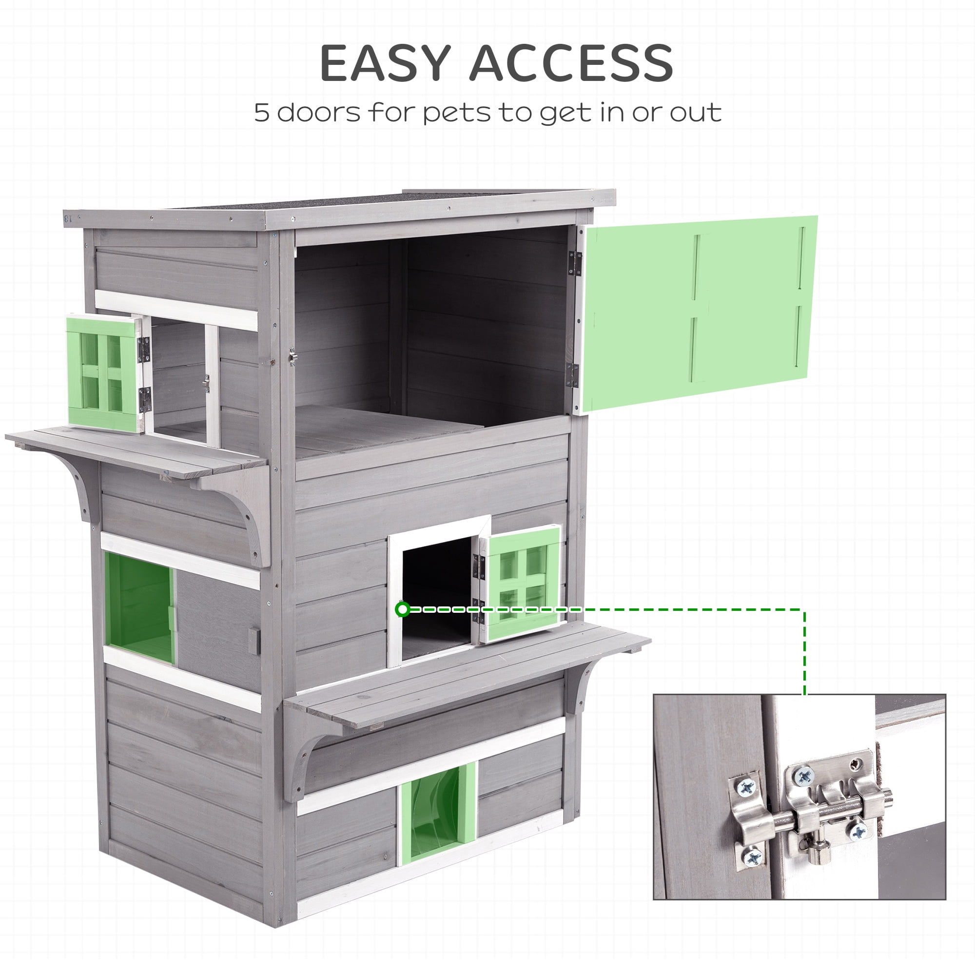 3-Story Cat House Feral Cat Shelter, Outdoor Kitten Condo with Raised Floor, Asphalt Roof, Escape Doors, Jumping Platforms, Grey