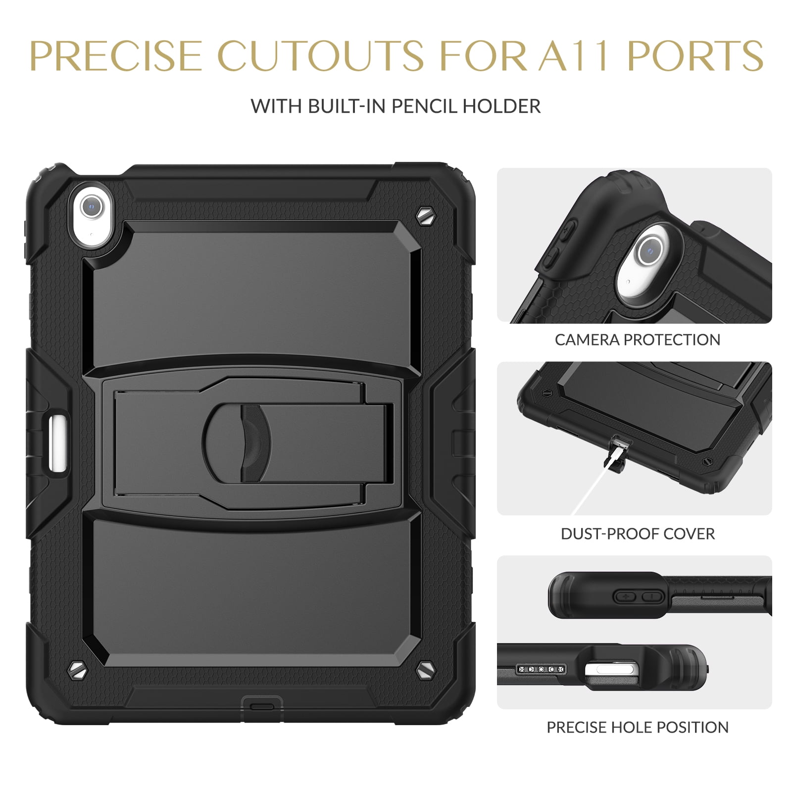 Rugged Case For iPad Pro 13 2024 – 3-Layer Protection Shockproof Stand Cover with Screen Protector, Adjustable Stand, Shoulder Strap, & Pencil Holder -- Black