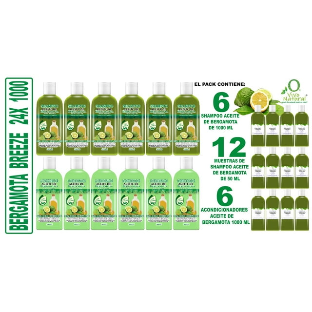 Bergamota Breeze 24X 1000 VIVONATURAL. 6 Shampoos Aceite de Bergamota 1000 ml + 6 Acondicionadores Aceite de Bergamora 1000 ml + 12 Muestras Shampoo Aceite de Bergamota 50 ml