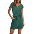 thumbnail image 1 of FRSASU Robes T-Shirt pour Femmes Tendance à Taille Nouée Robe Rayée avec Poches Décontractée Col Ras du Cou Manches Courtes Robe Midi Vert, 1 of 6