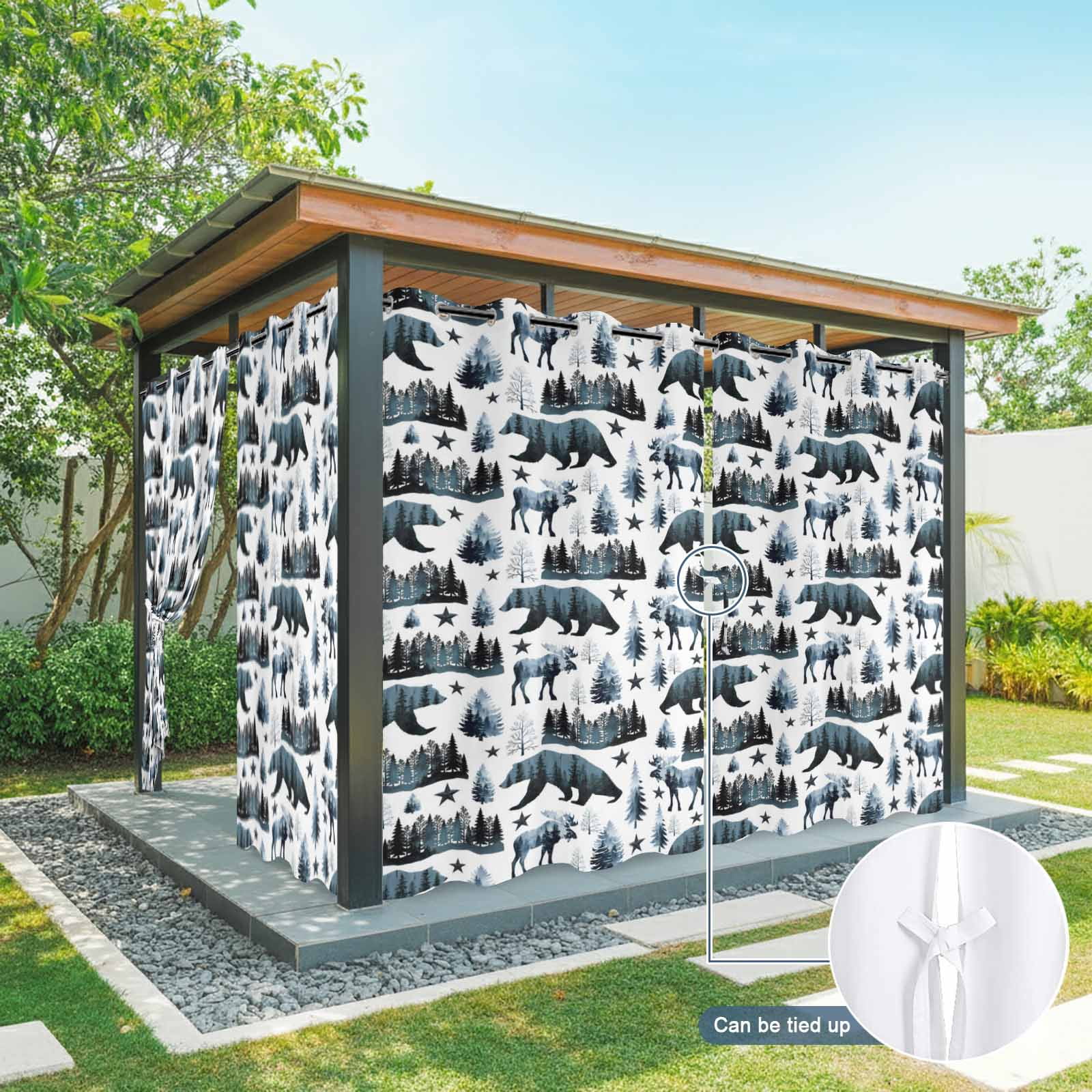 Grizzly Bear Outdoor Curtains for Patio, Country Forest Dark Green Beige Animals Pine Trees Star Sunshade Privacy Drapes Grommet Waterproof Outside Curtains for Porch/Cabana/Balcony 54"x108", 1 Panel