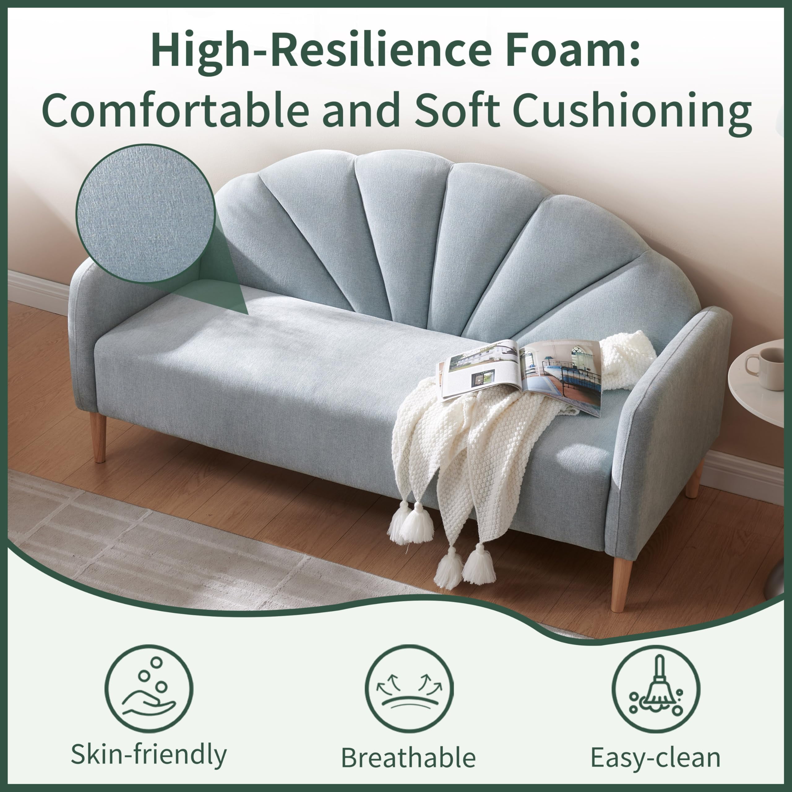 33.07" H Modern 2 Seater Loveseat,Linen Fabric with Curved Back & Wood Legs,for Living Room,Bedroom & Small Spaces,Easy Assembly,Mineral Green