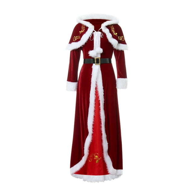 ITFABS Robe de Noël pour Femme Cape Midi Chapeau Noir Ceinture Gants Blancs