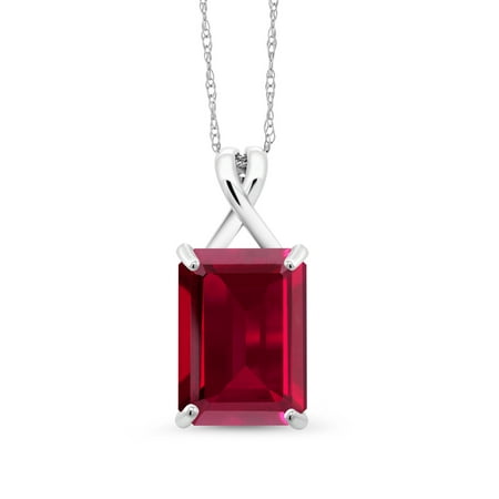 - 8.00 Ct Emerald Cut Red Created Ruby 10K White Gold Pendant With Chain