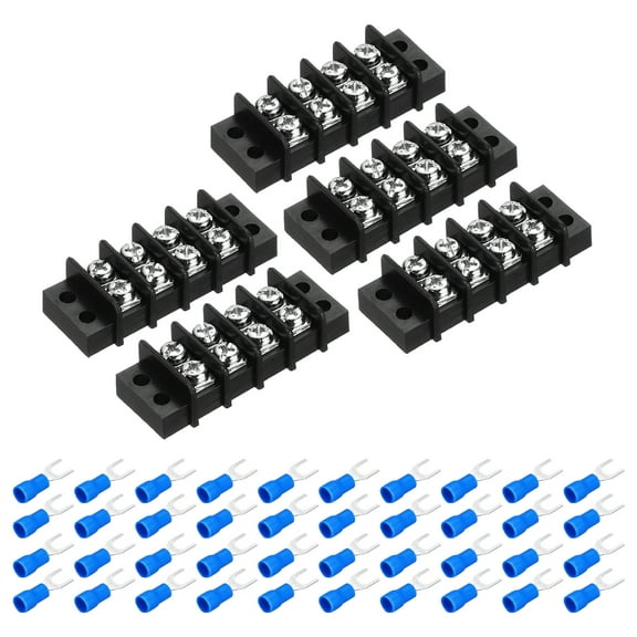 Uxcell 5Pcs Terminal Block 300V 20A Dual Rows 4P Terminals Barrier PA66 with 40Pcs 16A Heat Shrink Wire Fork Connectors