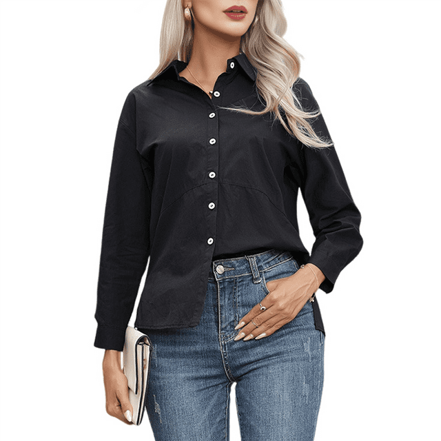 Women's Button Down Shirts Long Sleeve Dress Shirts Wrinkle Free Collared Work Office Tops Black L