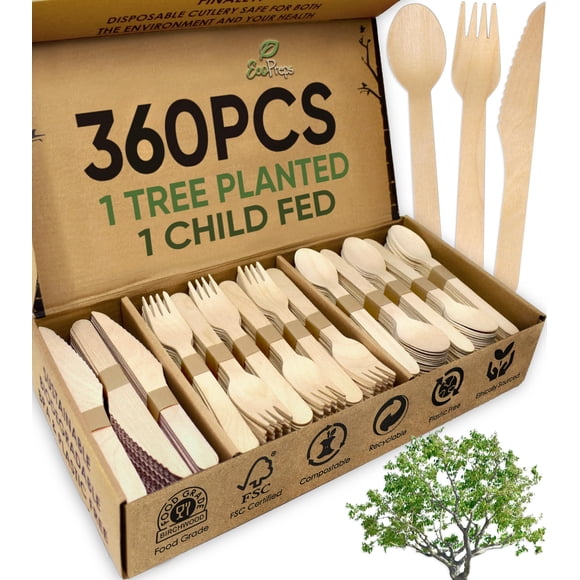 Set de cubiertos EcoPreps de 360 piezas compostables de madera de abedul