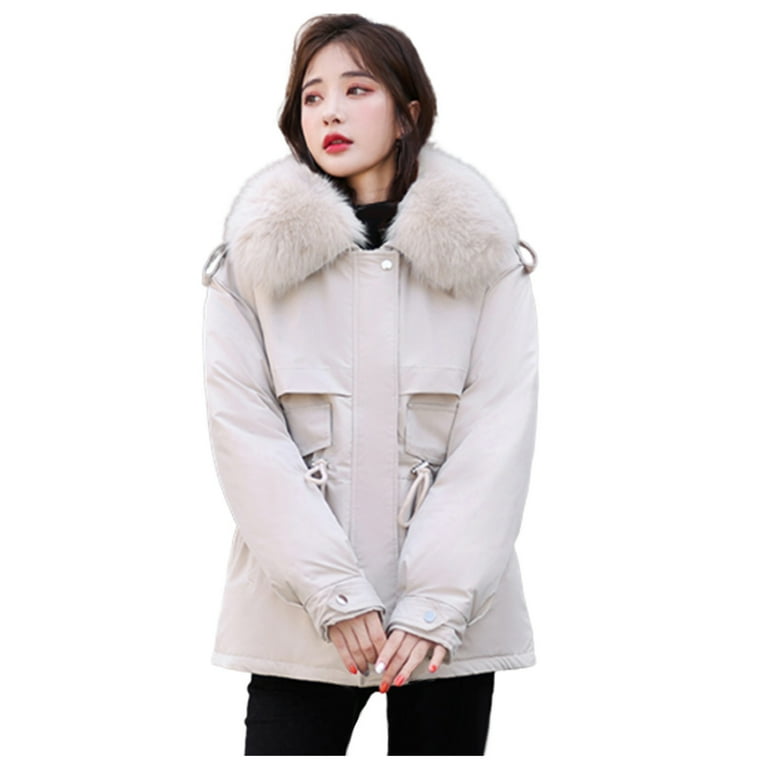 jsaierl Womens Winter Jacket Warm Overcoat Slim Faux Fur-Collar Zipper  Thicker Coat Outwear