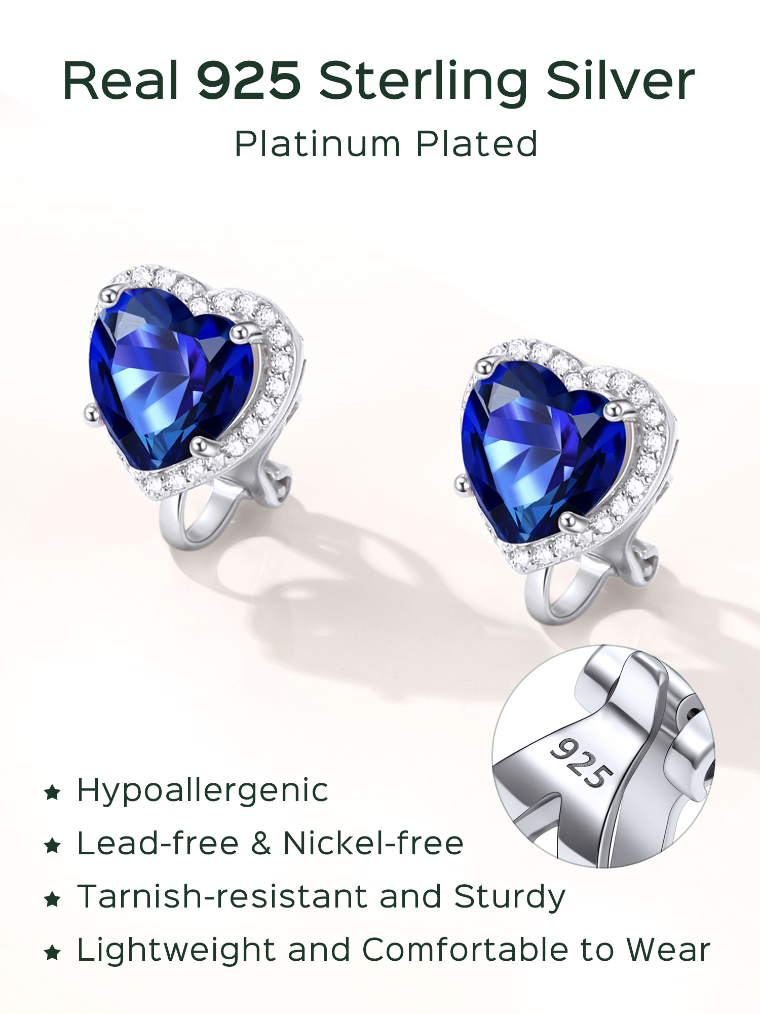 ChicSilver 925 Sterling Silver Non-Pierced Stud Earrings September Birthstone Clip-on Earrings for Women