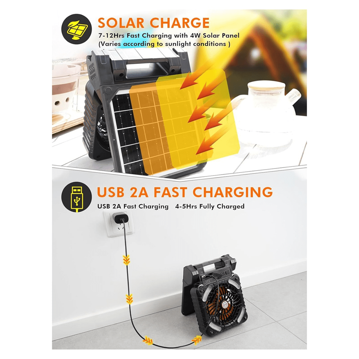 Solar Powered Fan Camping with LED Light, Portable Camping Fan with Solar Panel, Rechargeable Tent Camp Fan
