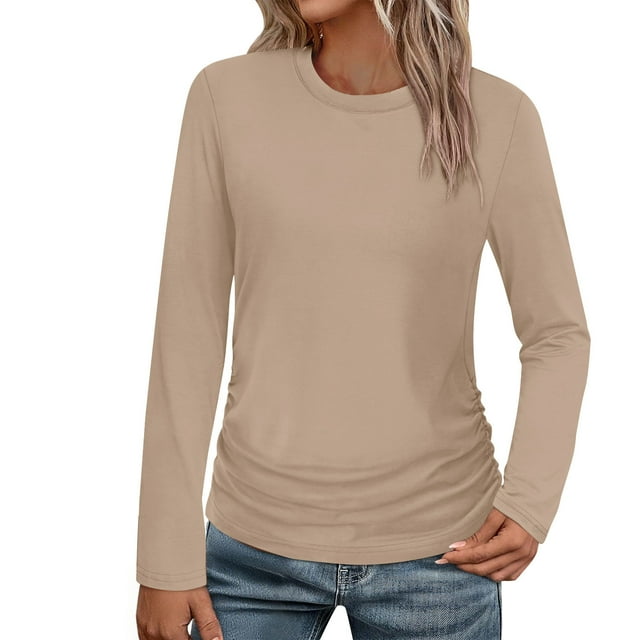 biudgviw Chemises à Manches Longues pour Femmes Col Rond Tunique d'Automne Hauts Décontractés Légers Plissés Travail Bureau T-Shirts Basiques