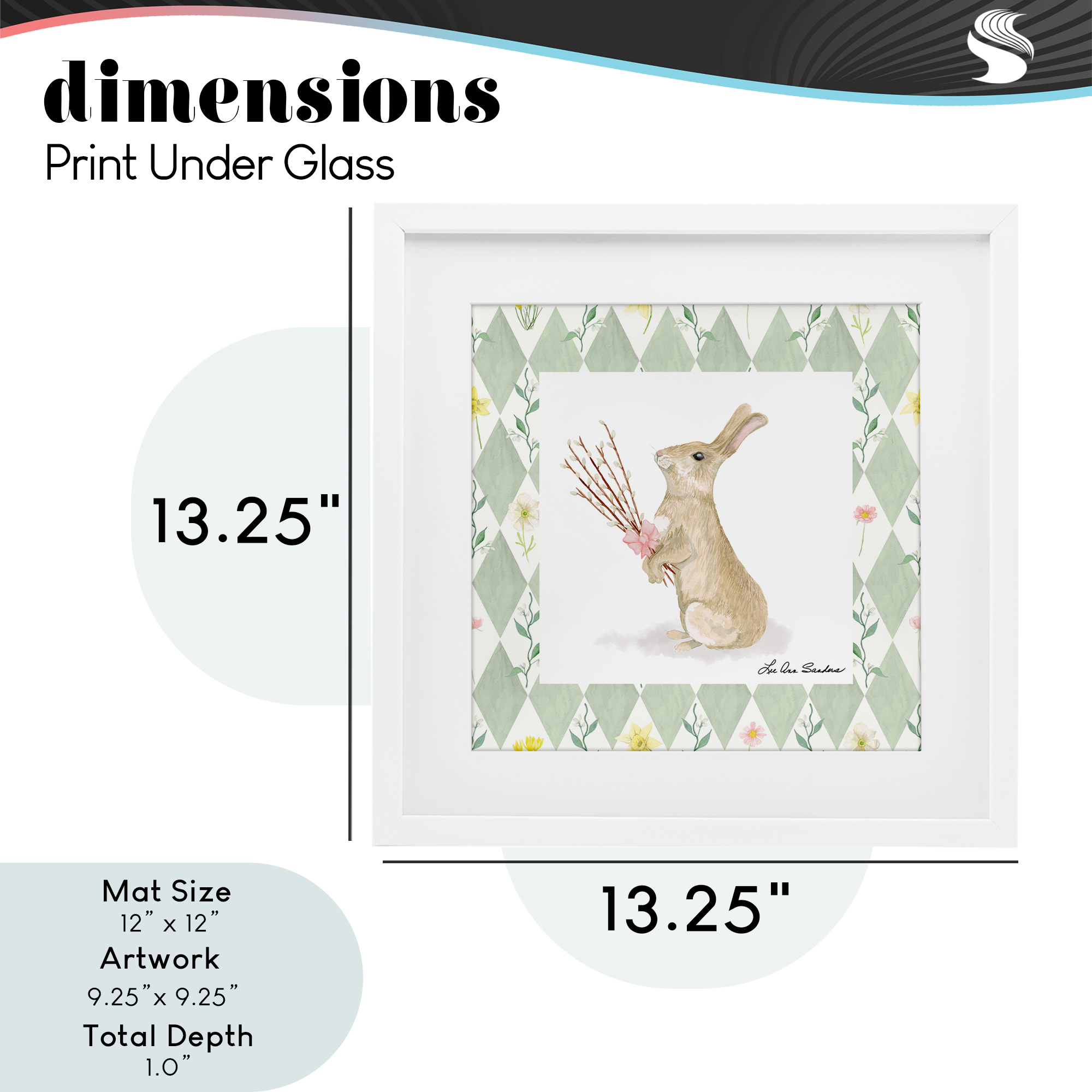 Bouquet Bunny on Green Argyle White Framed Print Under Glass, design by Lee Ann Sanders