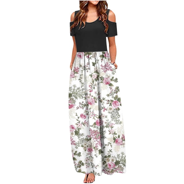 SMihono Robe Maxi Bohème d'Été pour Femmes Grande Taille Mode Décontractée Manches Courtes Épaules Dénudées Imprimé Col Rond Robe de Plage